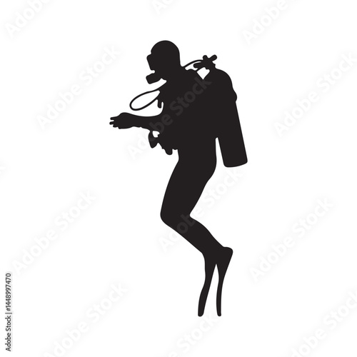 Silhouette of scuba diver diving underwater with oxygen tank and mask for ocean adventure sport activity