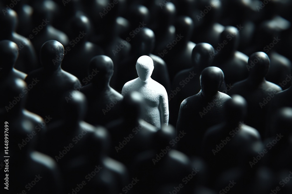 Obraz premium A single, light figure amidst a multitude of dark figures. Many figures are tightly packed together, with one distinct figure standing out