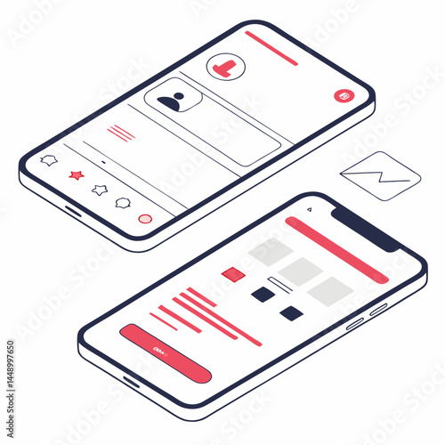 Two Isometric Mobile Phones Displaying Different Social Media Application User Interfaces