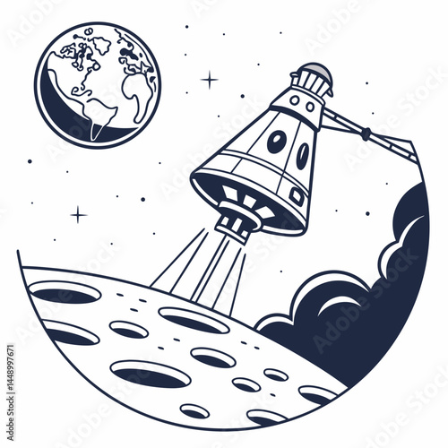 Moon Landing Spacecraft Vector Illustration Of Space Travel With Planet Earth