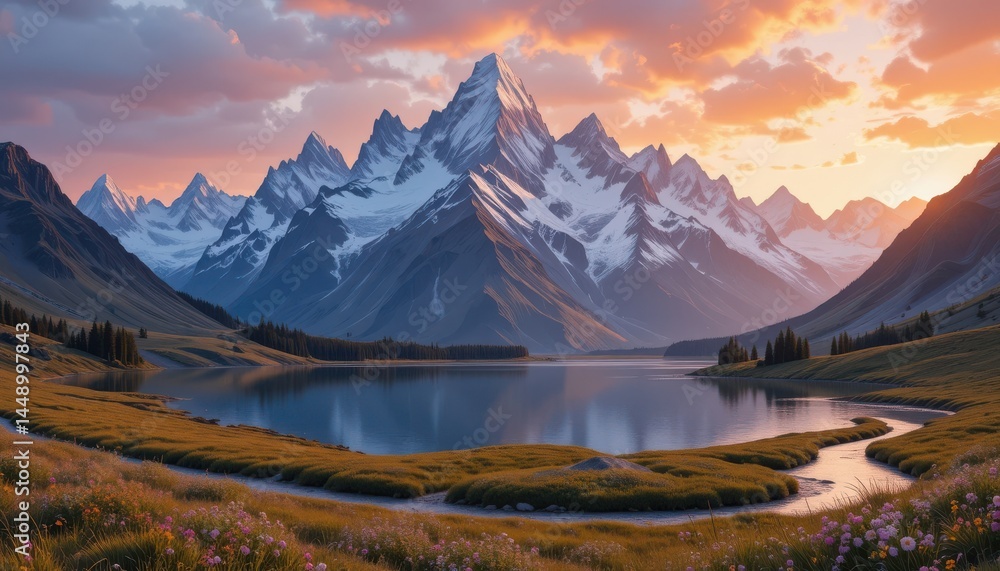 Obraz premium Mountain Lake Landscape at Sunset with Sky Reflection