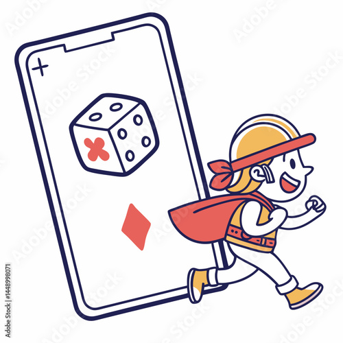 Cartoon Character Running From Mobile Game With Dice And Diamond