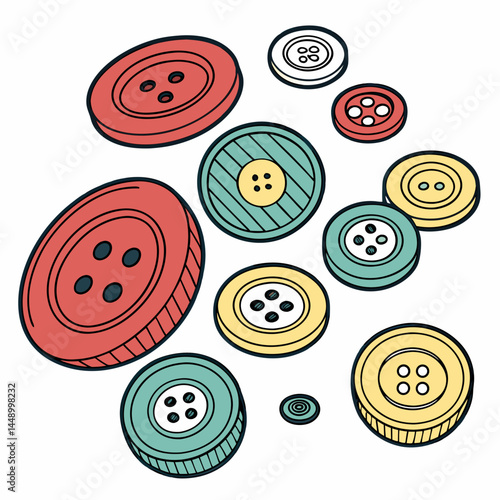 Colorful Hand Drawn Sewing Buttons Isolated On White Background Illustration