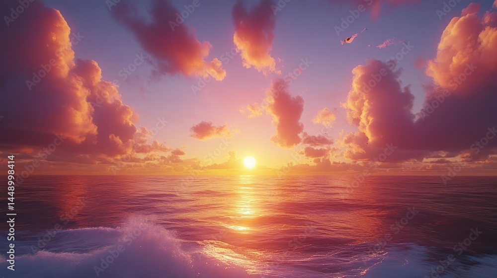Fototapeta premium Ocean sunset, pink clouds, birds flying, calm sea, travel