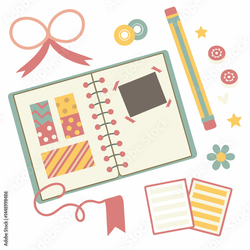 Scrapbook Memories Flat Lay With Pencil And Decorative Embellishments Vector Illustration