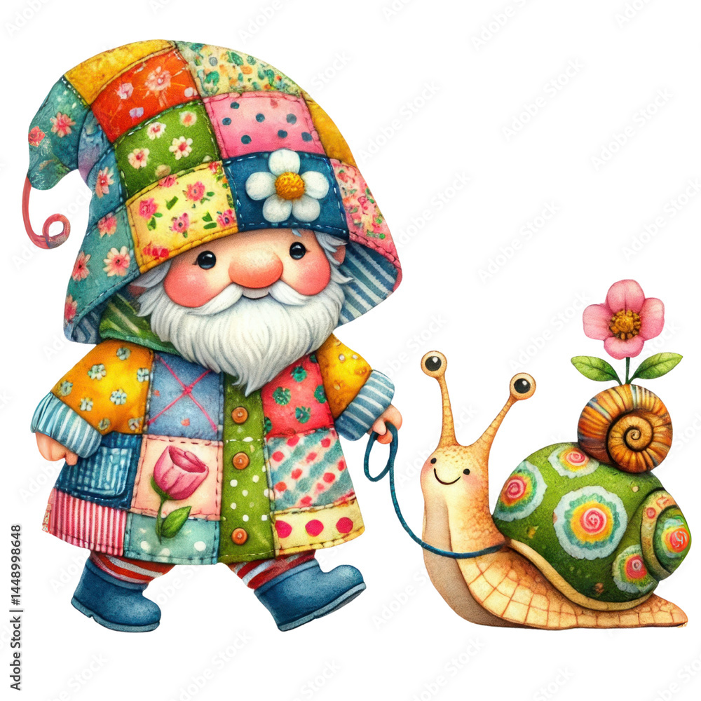 Whimsical gnome in colorful patchwork coat walking friendly snail with flower in a vibrant illustration ideal for children's decor or storybook art