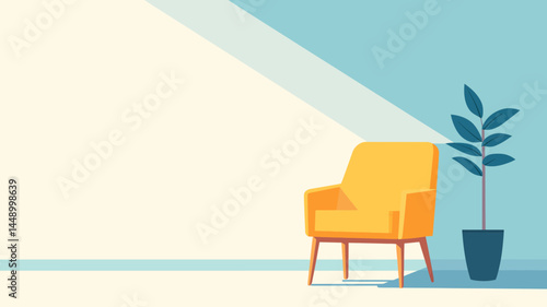 Minimalist Illustration of a Yellow Chair in a Room, A clean, minimalist illustration of a yellow chair in a room with a plant, bathed in a beam of sunlight.