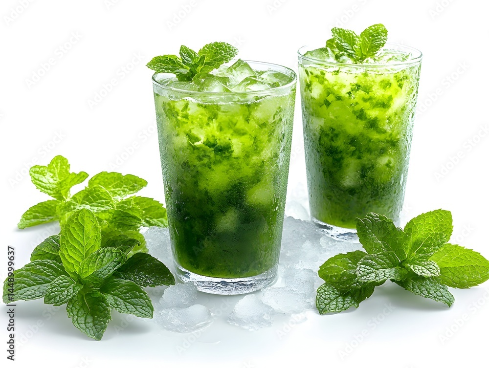 Two refreshing glasses of vibrant green mint iced tea sit on ice with fresh mint sprigs. Two refreshing glasses of vibrant green mint iced tea sit on ice with fresh mint sprigs.
