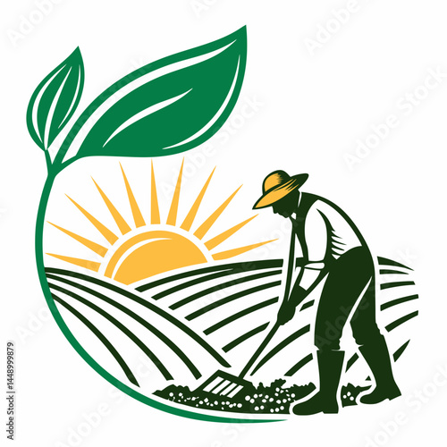 Farmer Cultivating Field With Sun And Leaf Illustration Symbol