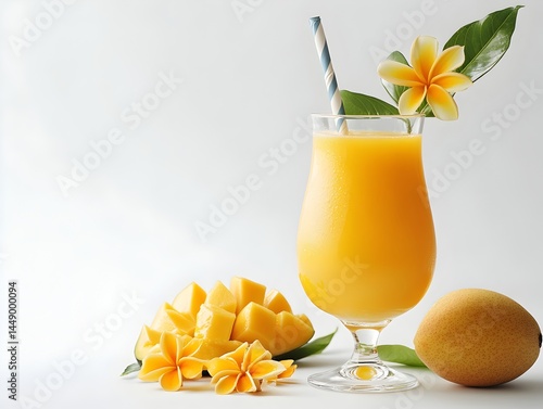A refreshing glass of mango smoothie garnished with plumeria flowers sits beside sliced mangoes on a white background.