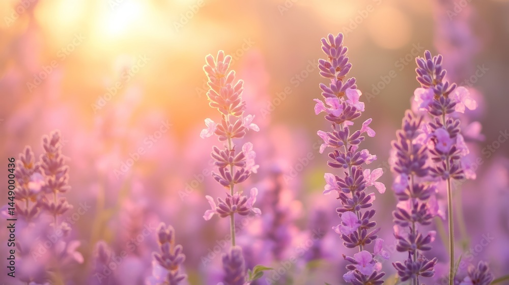 Naklejka premium Lavender flowers bloom under the warm sun during golden hour in a peaceful garden setting