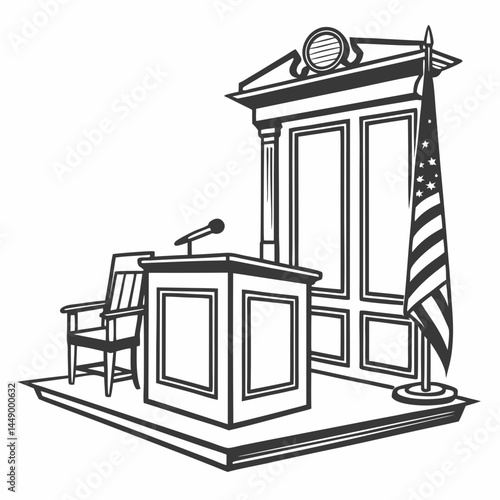 Courtroom Podium With American Flag Monochrome Law And Justice Illustration