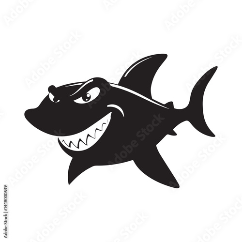 Cartoon shark vector illustration black and white clip art predatory fish sea animal dangerous ocean wildlife silhouette