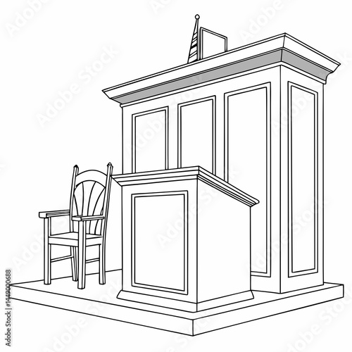 Courtroom Podium And Chair Illustration In Black And White Outline Style