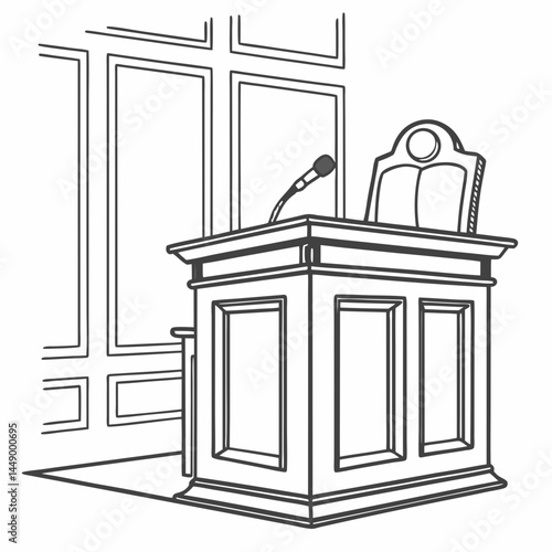 Illustration Of A Courtroom Podium With Microphone And Witness Stand Chair