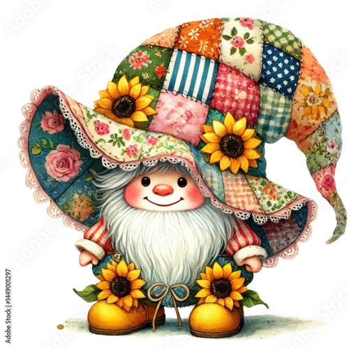 Obraz na płótnie Adorable whimsical gnome character in a colorful patchwork hat surrounded by cheerful sunflowers in a fun and playful garden setting w salonie