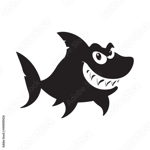 Cartoon shark vector graphic black and white illustration predatory sea animal with sharp teeth design silhouette