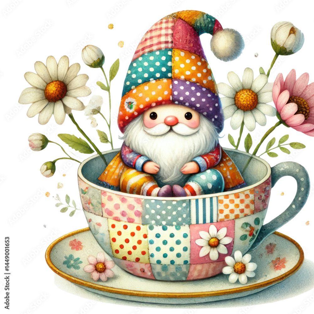 Whimsical Gnome in Colorful Cup Surrounded by Flowers and Nature Elements, Charming Artwork for Seasonal Decor and Cheerful Imagery