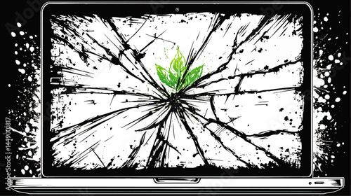 Abstract Vector of Cracked Laptop Screen with Green Plant Growing, Symbolizing Renewal, Digital Transformation, and Eco Technology