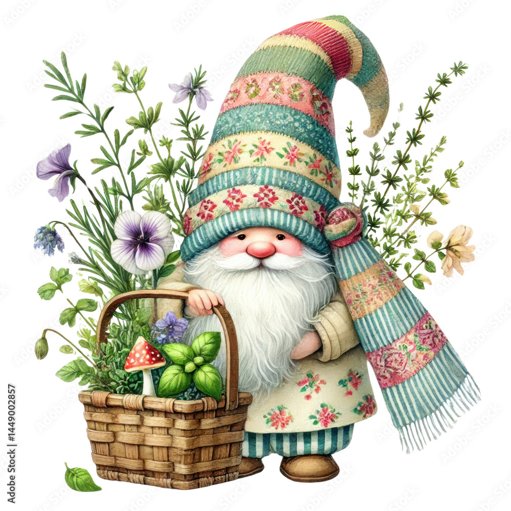 Charming whimsical gnome with a colorful hat, holding a basket of flowers and surrounded by lush greenery, perfect for springtime illustrations or gardening themes