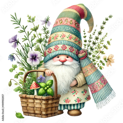 Obraz na płótnie Charming whimsical gnome with a colorful hat, holding a basket of flowers and surrounded by lush greenery, perfect for springtime illustrations or gardening themes w salonie