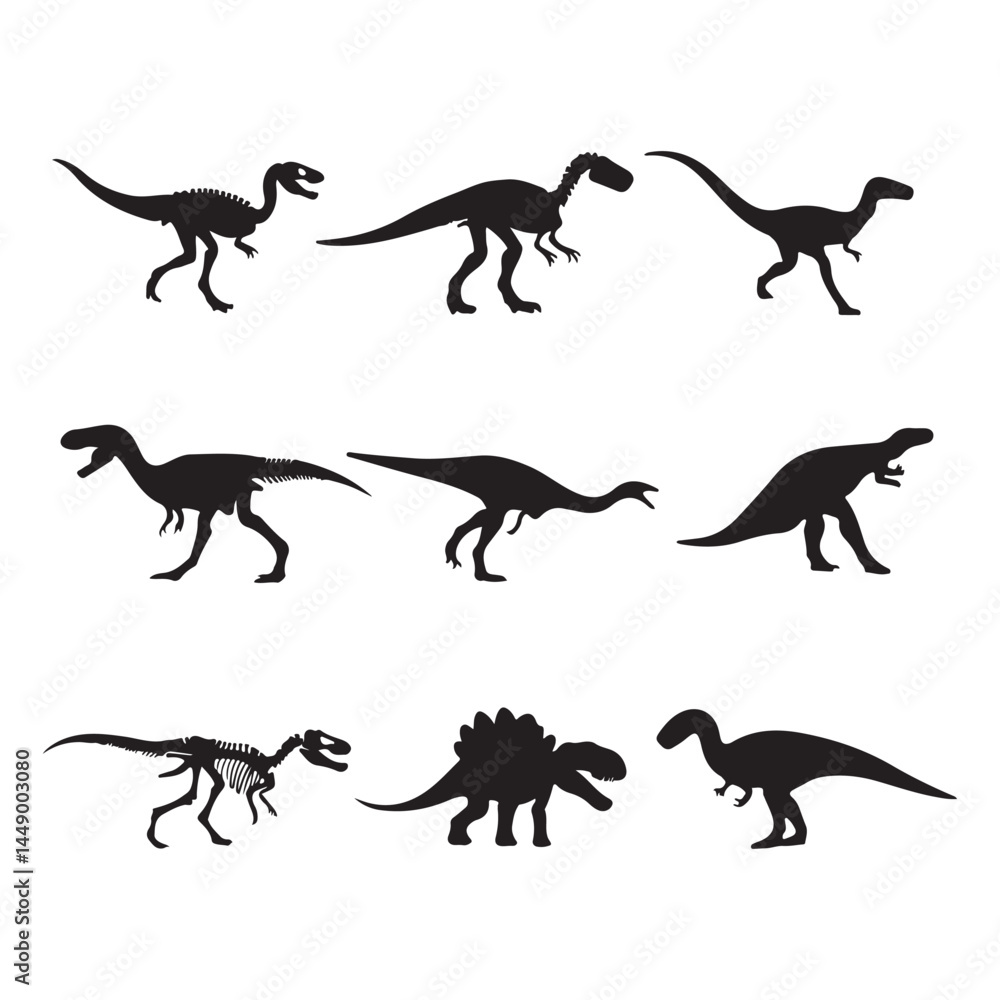 Dinosaur silhouettes vector set: t rex, stegosaurus, raptor, and other prehistoric creatures vector art Dinosaur silhouettes vector set: t rex, stegosaurus, raptor, and other prehistoric creatures vector art