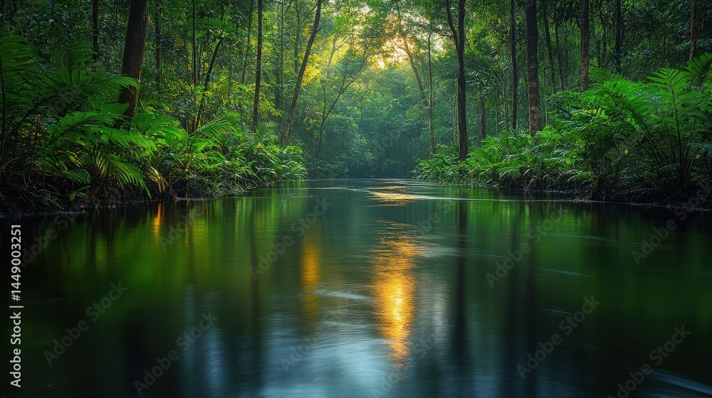 Serene forest river with sunlit canopy reflecting on the tranquil water surface Serene forest river with sunlit canopy reflecting on the tranquil water surface