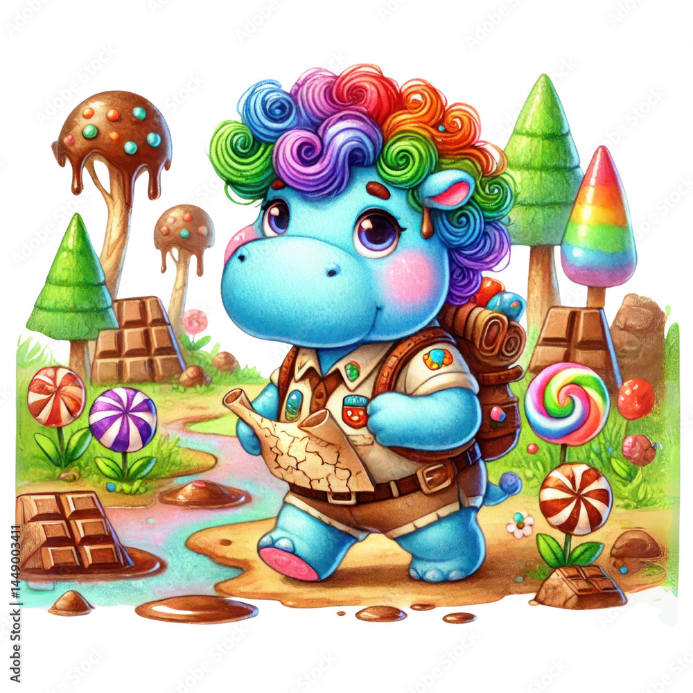 Cute hippo character with rainbow hair exploring a whimsical candy land filled with colorful trees, candy cane paths, and sweet treats, perfect for children's illustrations