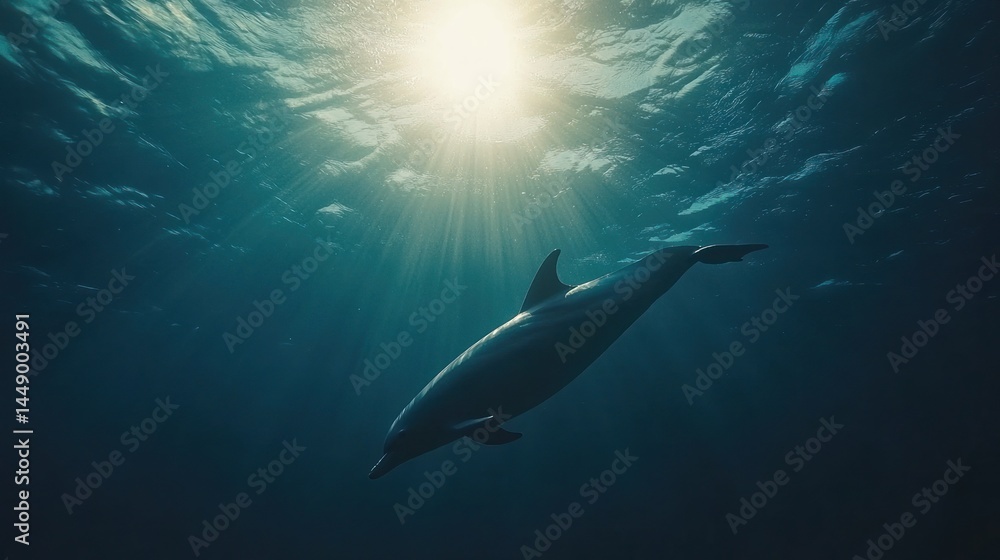 Naklejka premium Sunlit Dolphin Underwater Ocean