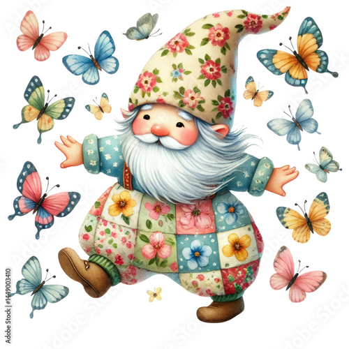 Obraz na płótnie Cheerful gnome character with a floral hat dancing joyfully among colorful butterflies in a whimsical garden setting, showcasing nature's beauty and wonder w salonie