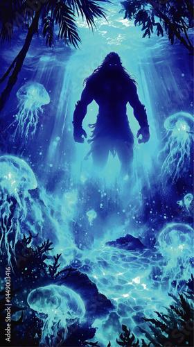 Mysterious Underwater Monster Silhouette with Glowing Eyes Amidst Blue Bioluminescent Jellyfish and Tropical Foliage