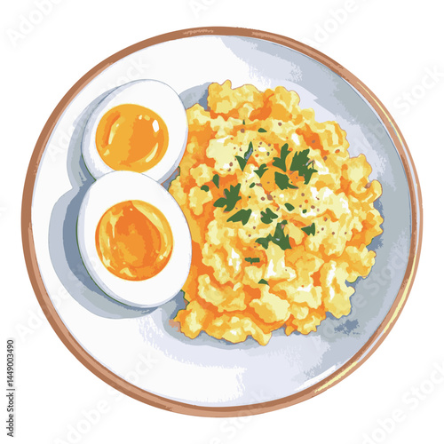 スクランブルエッグとゆでたまごの水彩風イラスト　生成AI