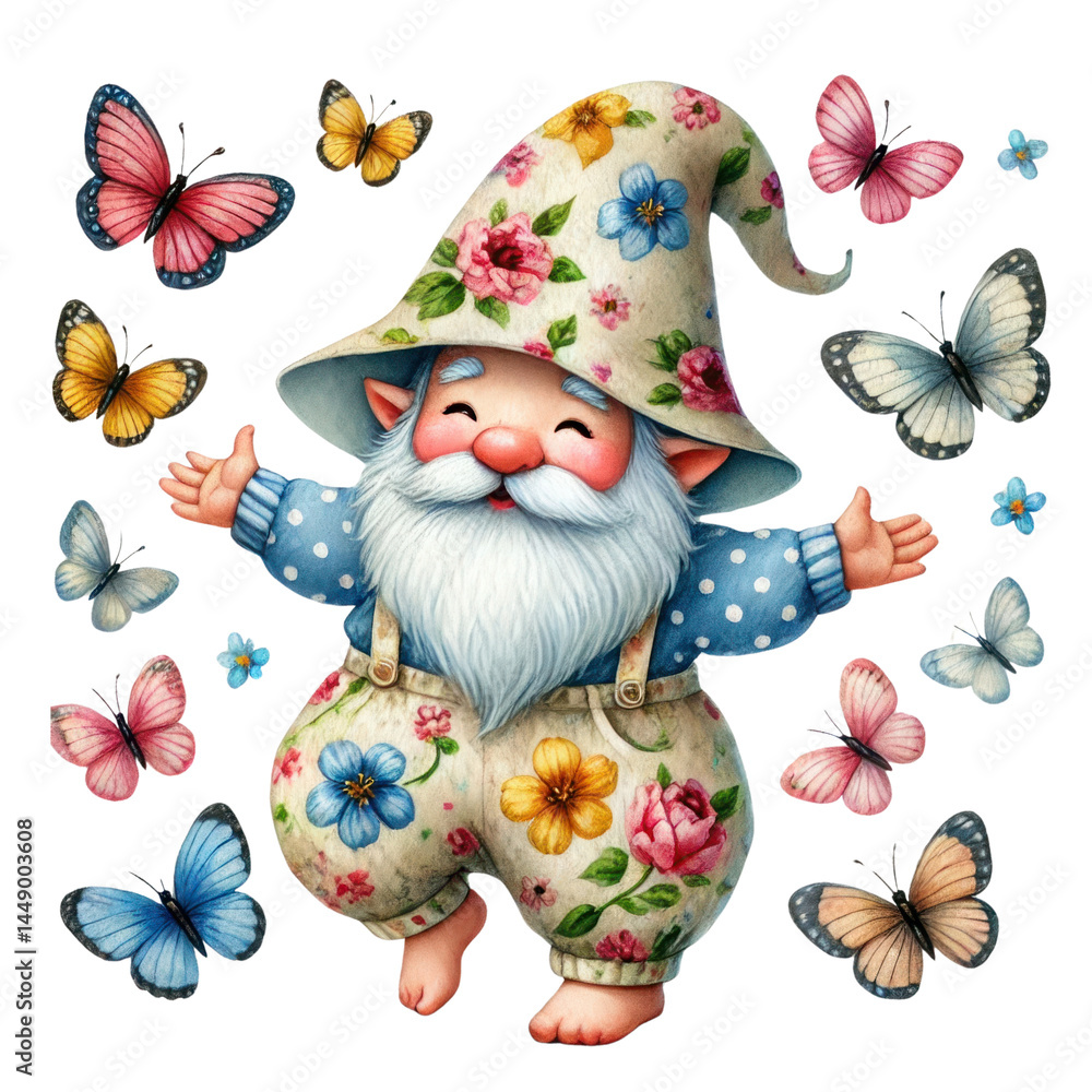 Charming illustrated gnome with floral pants surrounded by vibrant butterflies in a whimsical garden setting, perfect for children's decor and storybook themes