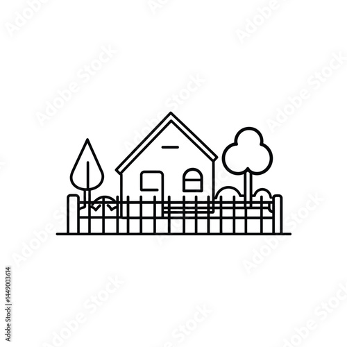 Minimalist House with Trees and Fence Line Art Icon on Transparent Background