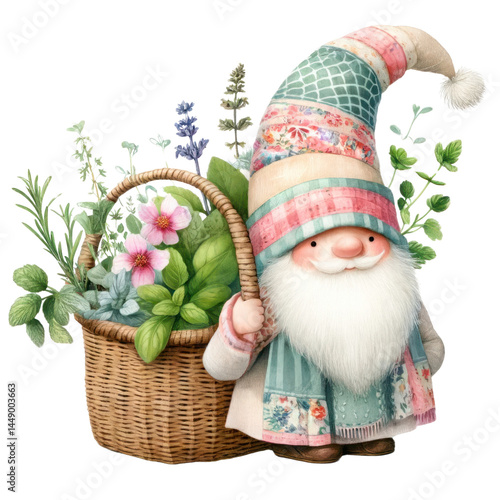 Charming garden gnome with colorful hat and basket of flowers surrounded by vibrant plants and greenery suitable for summer decor and nature celebration
