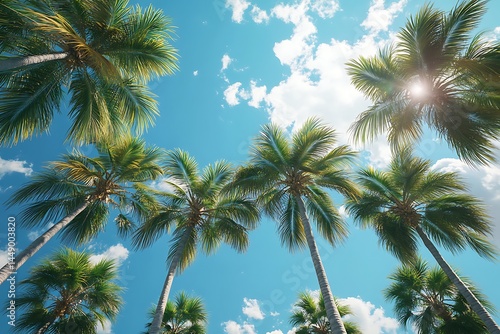 Tropical paradise Lush palm trees sway gently under a vibrant blue sky sun shining through leaves creating a tranquil