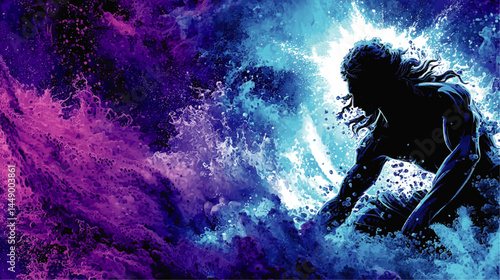 Dynamic Silhouette of Powerful Man Emerging from Abstract Water Splash in Vibrant Blue and Purple Digital Art