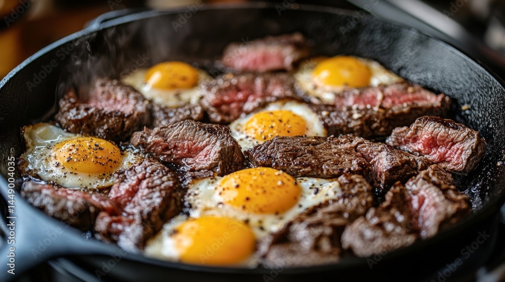 Juicy steak cooked to perfection with sunny side up eggs in a cast iron skillet in a cozy kitchen Juicy steak cooked to perfection with sunny side up eggs in a cast iron skillet in a cozy kitchen