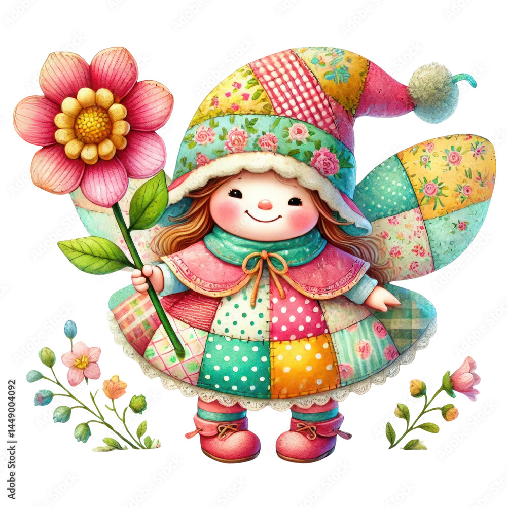 Adorable doll character in a colorful patchwork dress holding a flower, featuring a whimsical design with a bright background and playful elements