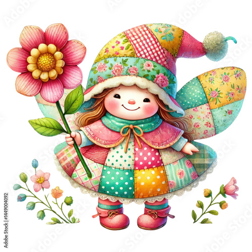 Obraz na płótnie Adorable doll character in a colorful patchwork dress holding a flower, featuring a whimsical design with a bright background and playful elements w salonie