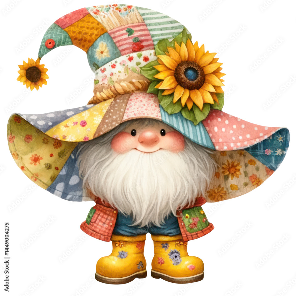 Cheerful whimsical gnome in colorful patchwork hat and yellow rubber boots surrounded by flowers and a joyful atmosphere of nature
