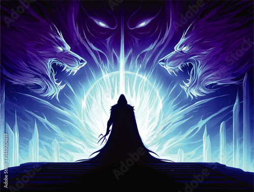 Dark Fantasy Sorcerer Confronting Glowing Wolves Spirits in Mystical Ice Temple – Surreal Blue Magic Power Illustration