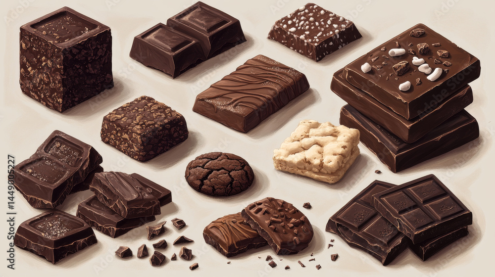 Icon set showcasing different chocolate products like bars, cookies, slices, and shavings Icon set showcasing different chocolate products like bars, cookies, slices, and shavings