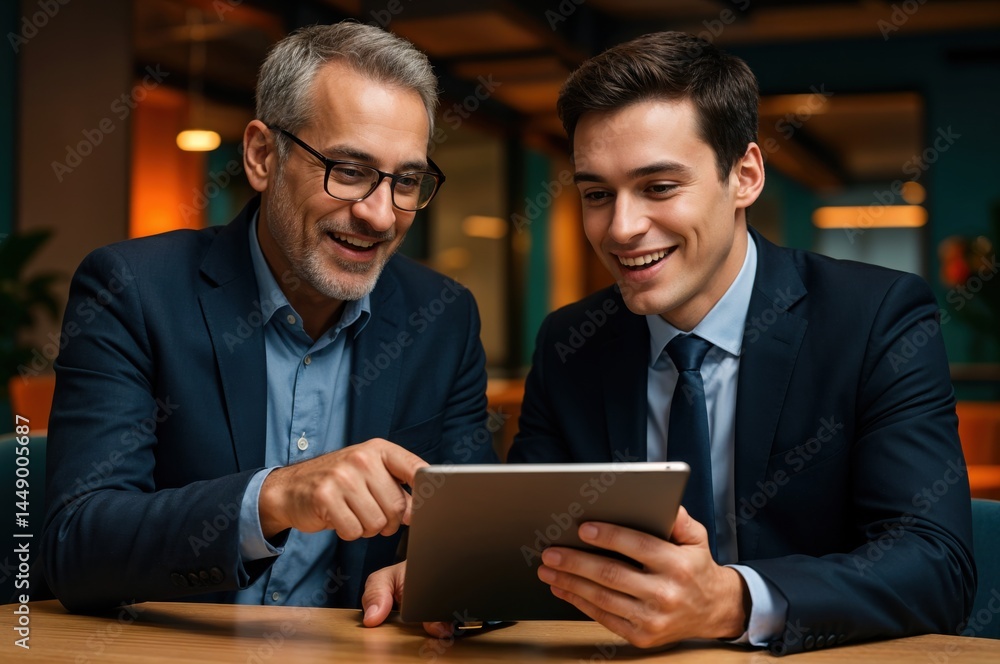 In a contemporary office setting, two men discuss ideas while looking at a tablet, smiling and sharing insights in a warm and engaging atmosphere during the late afternoon. In a contemporary office setting, two men discuss ideas while looking at a tablet, smiling and sharing insights in a warm and engaging atmosphere during the late afternoon.