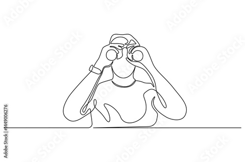 Continuous one line drawing of Young Man looking through with binocular. Single line drawing illustration of Male Enjoy looking for beauty. Finding concept vector art. Doodle line illustration.