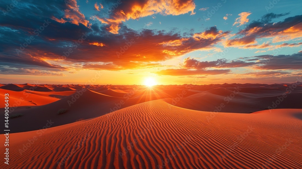 golden hour over undulating sahara dunes creating striking patterns against a vibrant sky with orange tinged clouds at the horizon golden hour over undulating sahara dunes creating striking patterns against a vibrant sky with orange tinged clouds at the horizon
