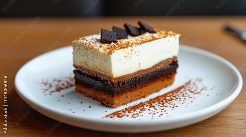 Delicious Layered Chocolate Dessert, Close up of a decadent chocolate dessert on a white plate. Delicious Layered Chocolate Dessert, Close up of a decadent chocolate dessert on a white plate.