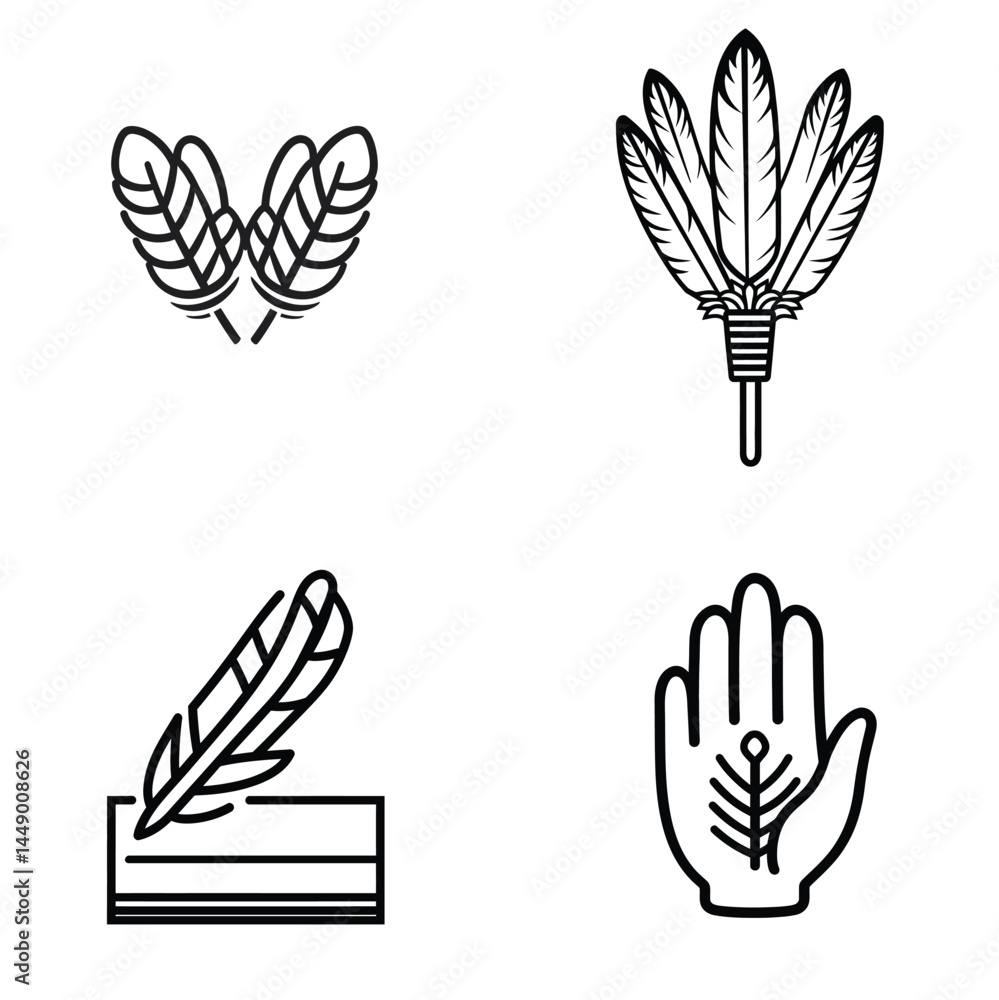 Native American feather set of four in vector line drawing on a transparent background Native American feather set of four in vector line drawing on a transparent background