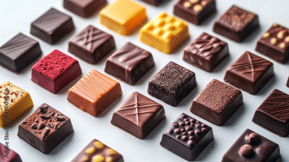 Square chocolate bars in bright packaging arranged neatly on a white background Square chocolate bars in bright packaging arranged neatly on a white background