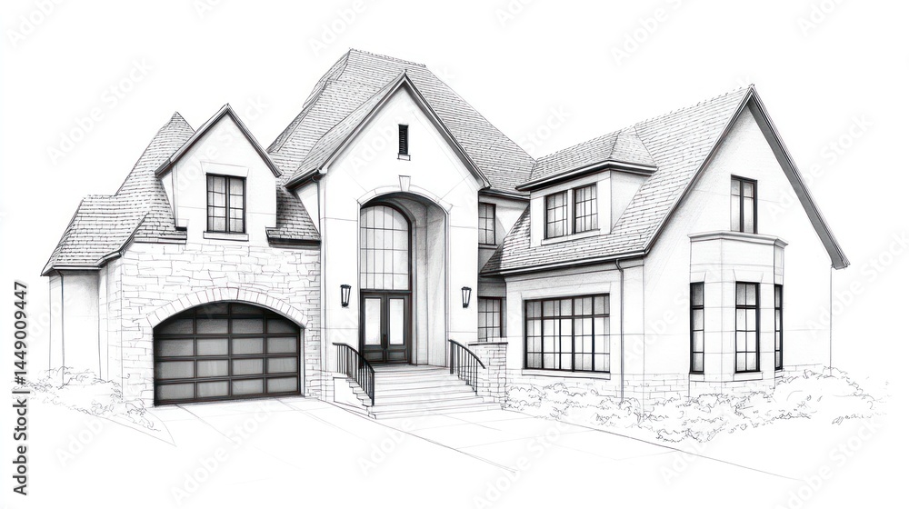 Detailed architectural sketch of a large two story residential house exterior Detailed architectural sketch of a large two story residential house exterior